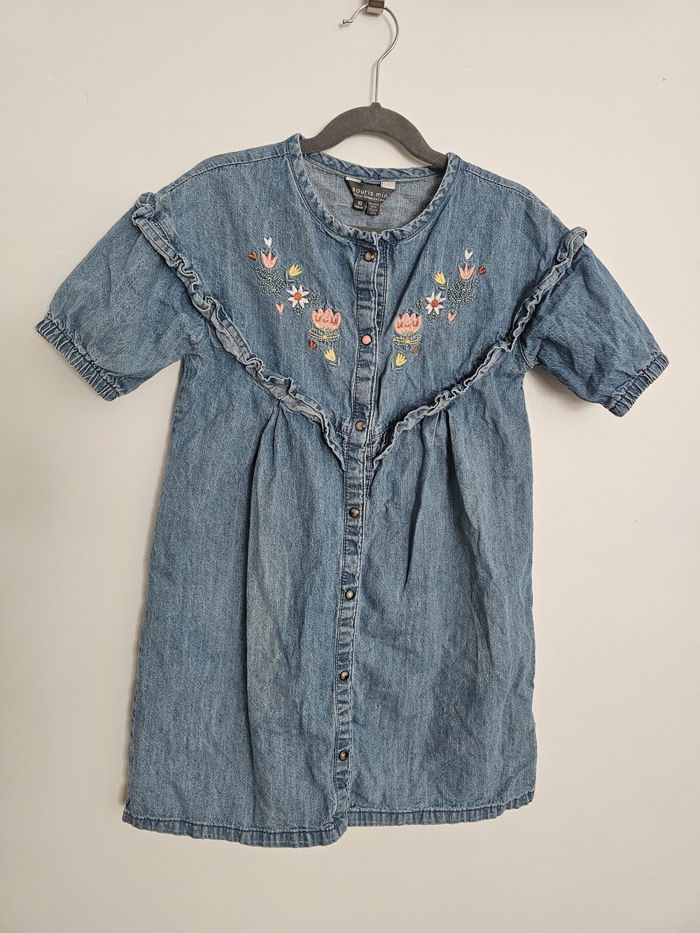 🧸2/20$ Souris Mini Denim Floral Embroidered Kids Dress Size 10 Girl